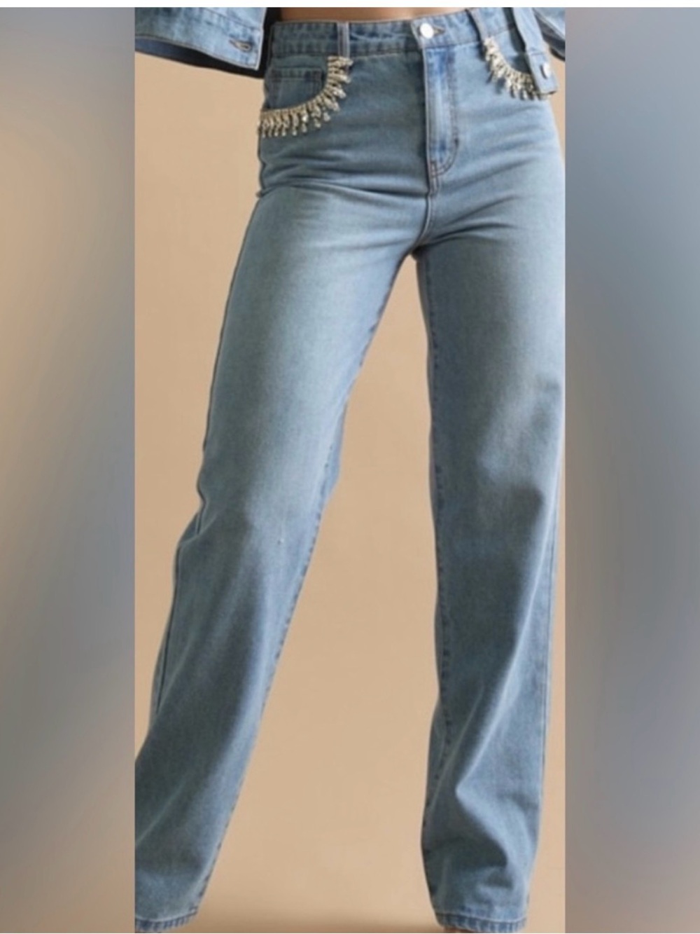 TGLA Embellished Pocket Straight Leg Jeans Size 30 Rhinestone Fringe Light Wash